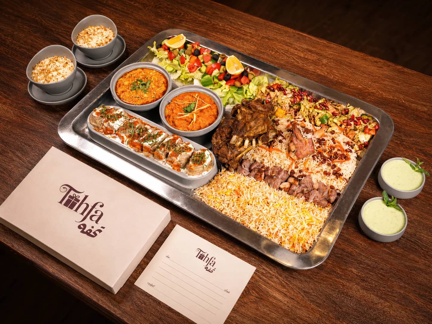 A large Afghan mixed platter for four people with Qabuli Palaw, Mutton Palaw, Manto, Chicken Handi, Mutton Chops, Beef Tikka Kabab, salads, Firni, and Nan, styled with a Tohfa message card for food de