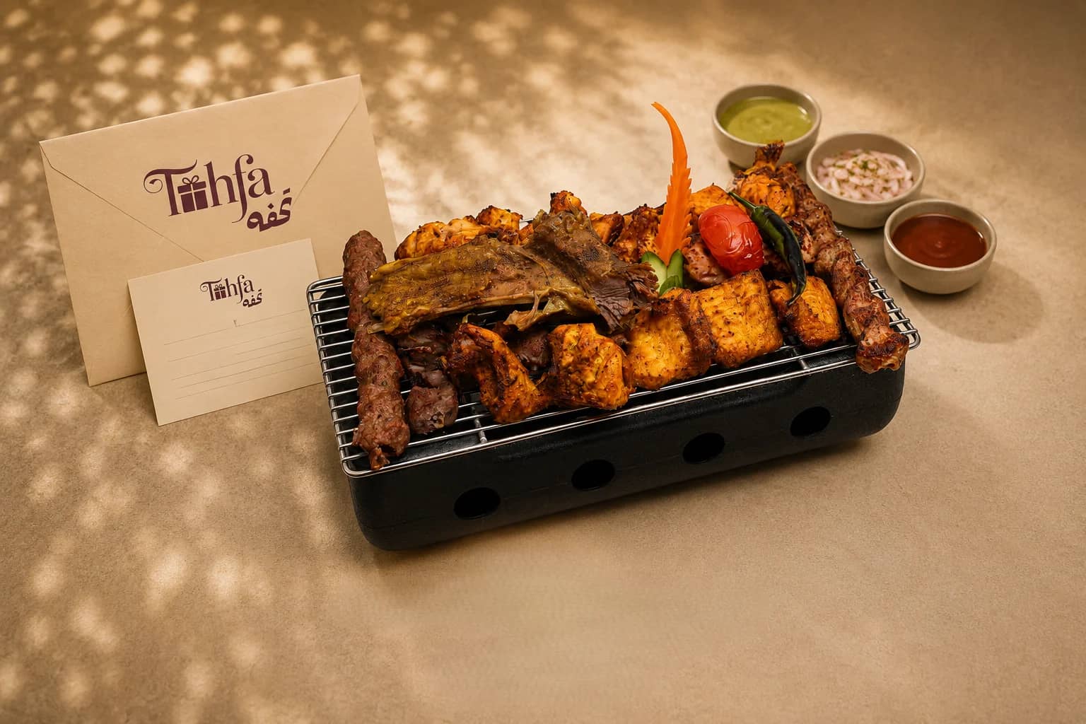 Bukhara Special Mix Kabab with grilled chicken, lamb, and spicy beef skewers on a black grill tray, styled with Tohfa branded letter cards for food delivery in Kabul.