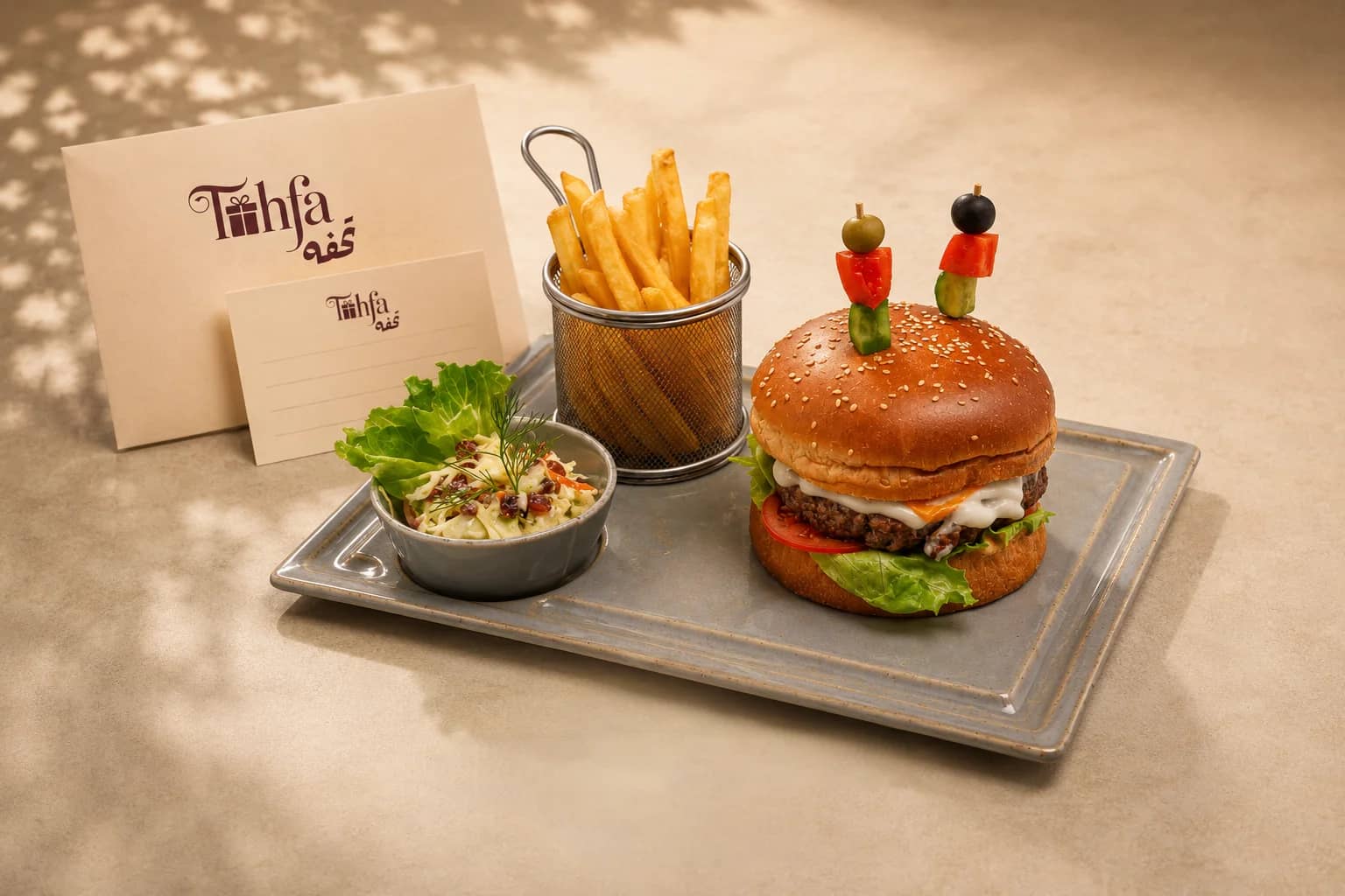 A juicy Beef Burger with fries and salad on a cream plate, styled with Tohfa branded letter cards for food delivery in Kabul.